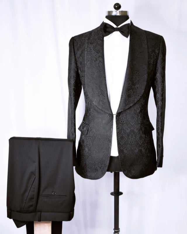 Modern Black Jacquard Shawl Lapel Close Fitting Wedding Suits