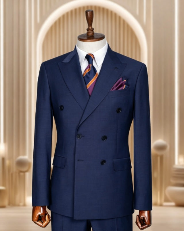Formal Dark Blue Double Breasted Peaked Lapel Business Suits