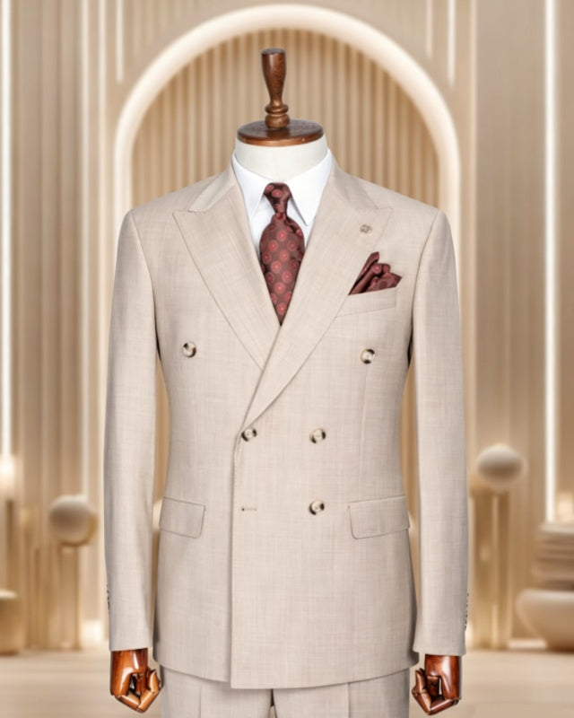 Formal Light Khaki Double Breasted Peaked Lapel Business Suits