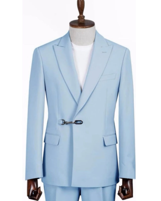 Simple Sky Blue Peaked Lapel Best Fitted Prom Suit With Metal Buckle