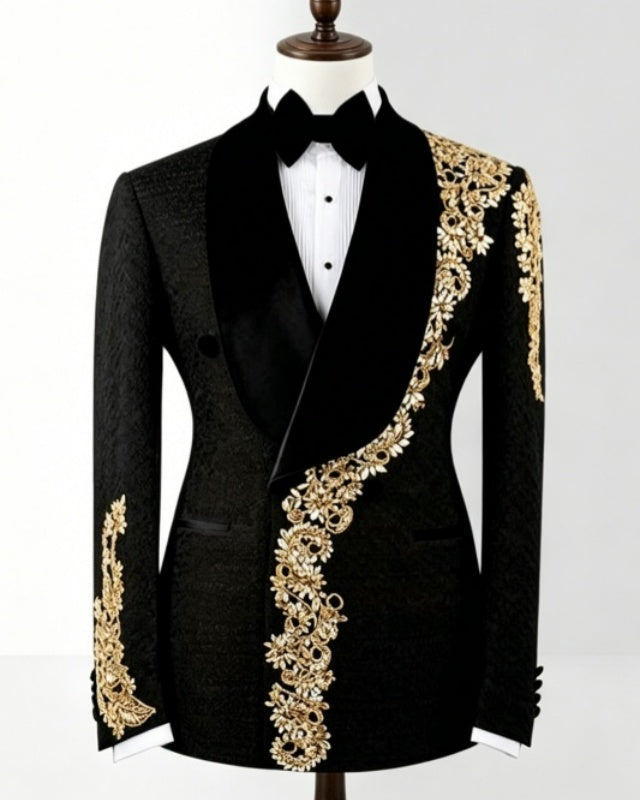 Latest Black Jacquard Double Breasted Prom Suits With Golden Beadings