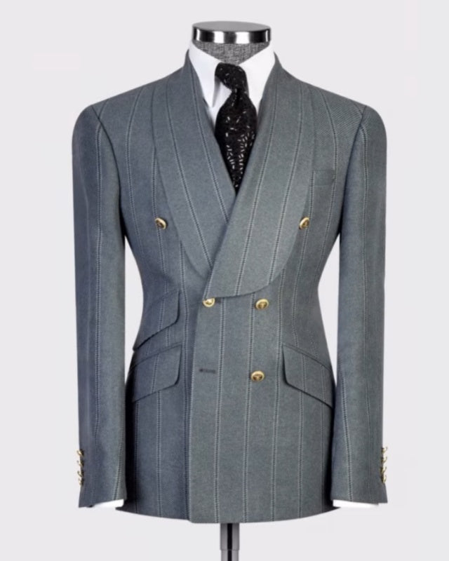Newest Gray Double Breasted Striped Business Men Suit