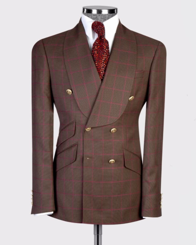 Bespoke Brown Plaid Double Breasted Men's Business Suit