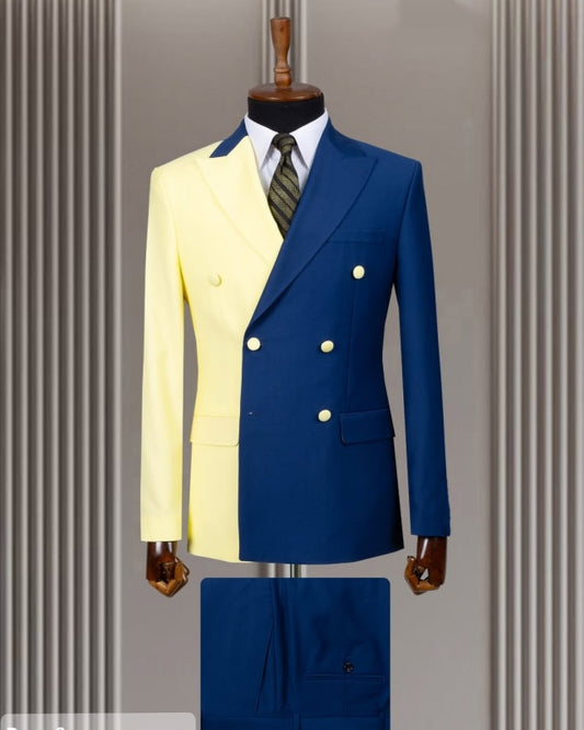 Trendy Bright Yellow And Dark Blue Double Breasted Prom Men Suits