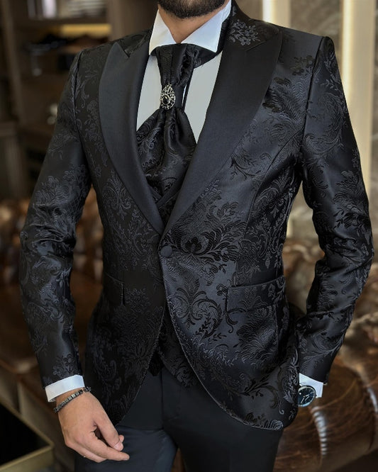 Newest Black Jacquard Three Pieces Best Fitting Wedding Men Suits