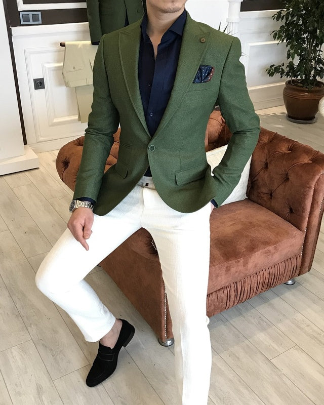 Stylish Dark Green Peaked Lapel Best Fitting Prom Men Blazer