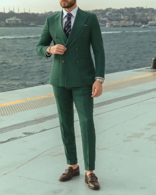 Chic Dark Green Double Breasted Striped Slim Fit Prom Men Suits