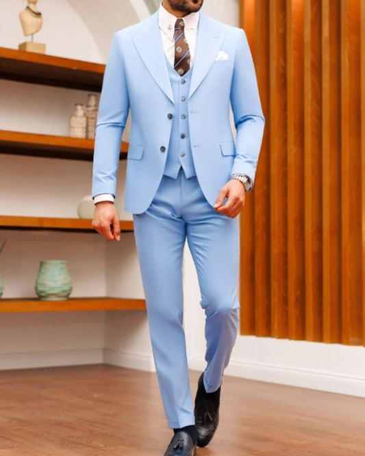 Classic Sky Blue Three Pieces Peaked Lapel Prom Men Suits
