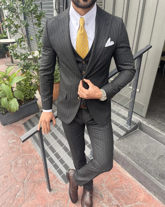 Bespoke Dark Gray Striped Three Pieces Peaked Lapel Prom Men Suits