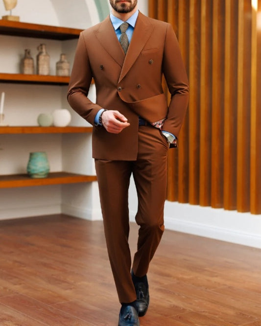 Classic Camel Double Breasted Peaked Lapel Close Fitting Prom Men Suits