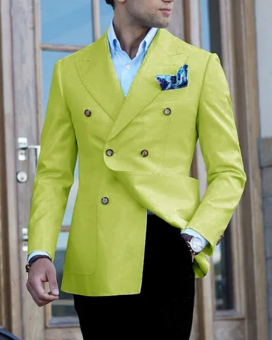 Fashion Lime Green Double Breasted Peaked Lapel Prom Men Suits