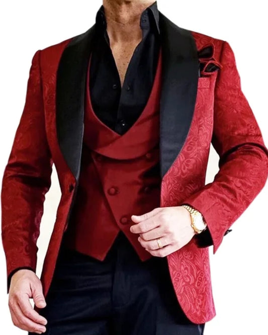 Chic Red Jacquard Three Pieces Shawl Lapel Prom Men Suits