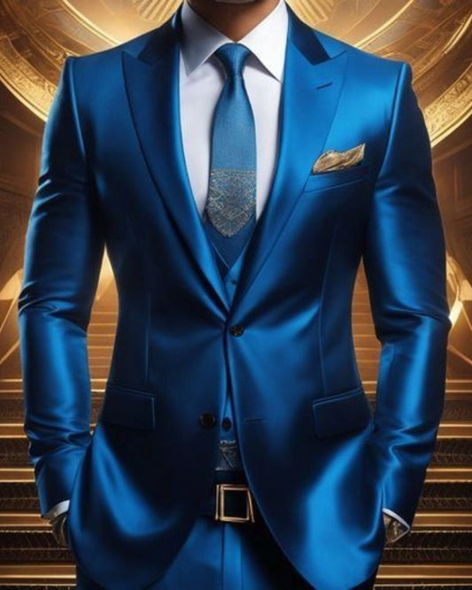 Bling Royal Blue Three Pieces Peaked Lapel Slim Fit Prom Men Suits
