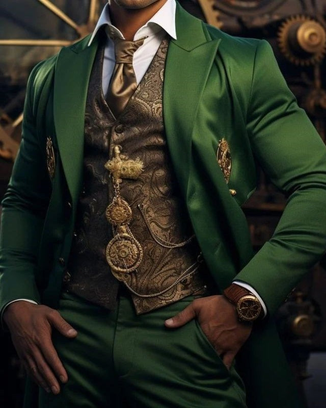 Bling Green Three Pieces Peaked Lapel Best Fitting Prom Men Suits