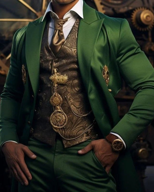 Bling Green Three Pieces Peaked Lapel Best Fitting Prom Men Suits