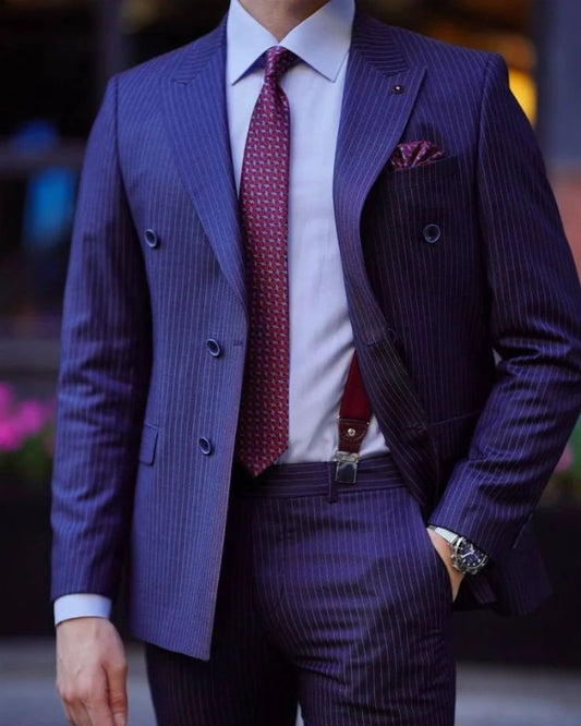 Ashbur Blue Striped Peaked Lapel Close Fitting Prom Men Suits