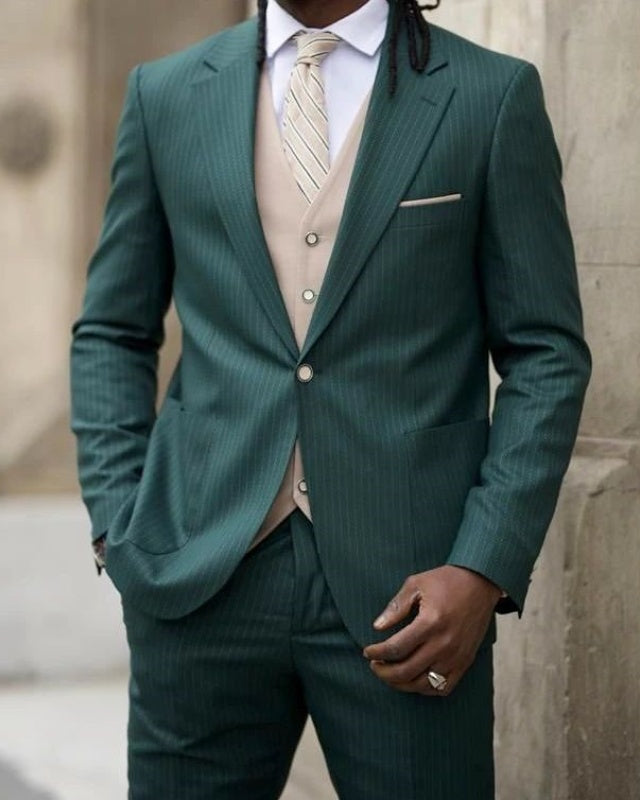 Blair Dark Green Striped Notched Lapel Slim Fit Prom Men Suits