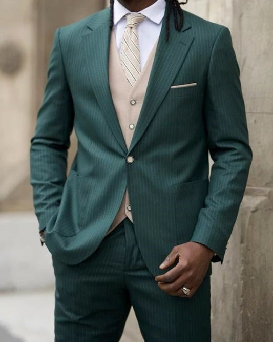 Blair Dark Green Striped Notched Lapel Slim Fit Prom Men Suits