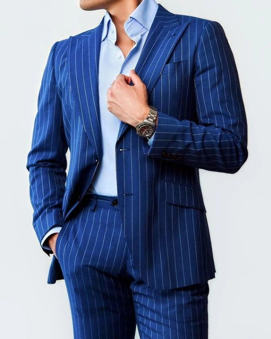 Bob Royal Blue Striped Peaked Lapel Best Fitting Prom Men Suits