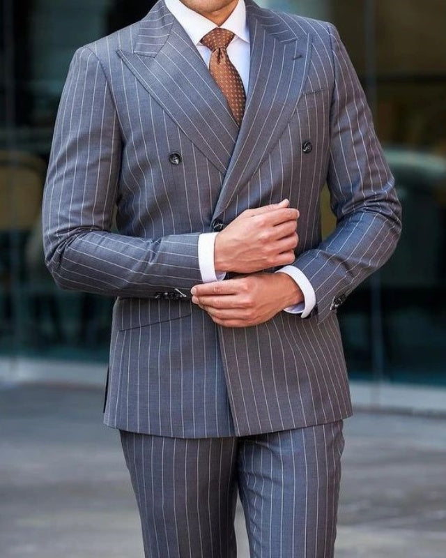 Beck Gray Striped Double Breasted Slim Fit Prom Suits For Men