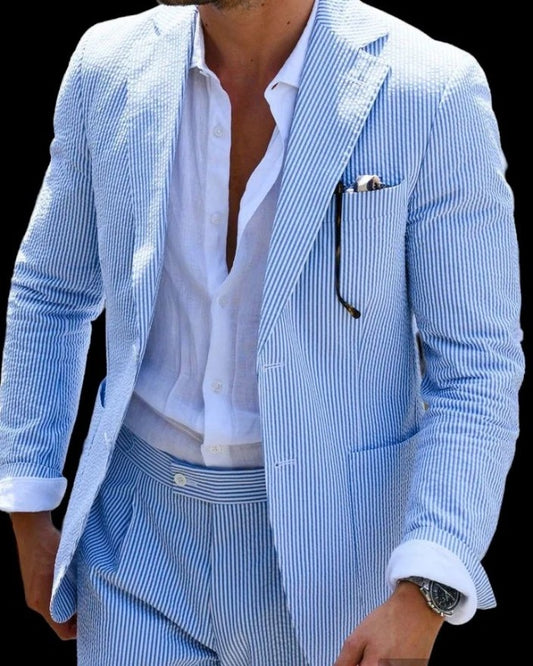 Brian Sky Blue Striped Notched Lapel Best Fitting Prom Suit For Men