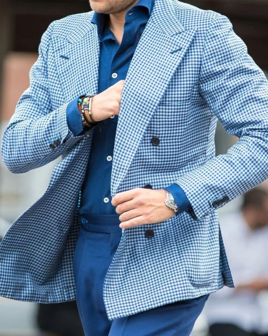 Berger Sky Blue Plaid Peaked Lapel Double Breasted Prom Men suits