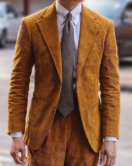 Newest Camel Corduroy Notched Lapel Close Fitting Prom Men Suits