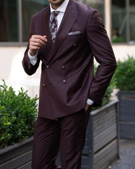 Cecil Burgundy Double Breasted Peaked Lapel Prom Men Suits