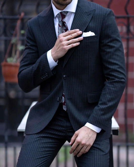Calvin Dark Navy Striped Peaked Lapel Close Fitting Prom Men Suits