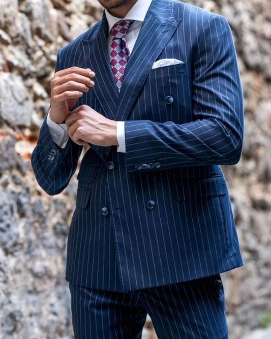 Bowen Royal Blue Striped Double Breasted Peaked Lapel Prom Men Suits