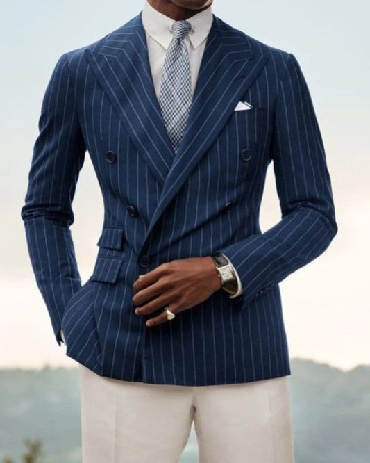 Bruno Dark Blue Striped Double Breasted Prom Suits For Men