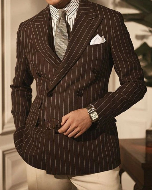 Newest Brown Striped Double Breasted Slim Fit Prom Men Suits