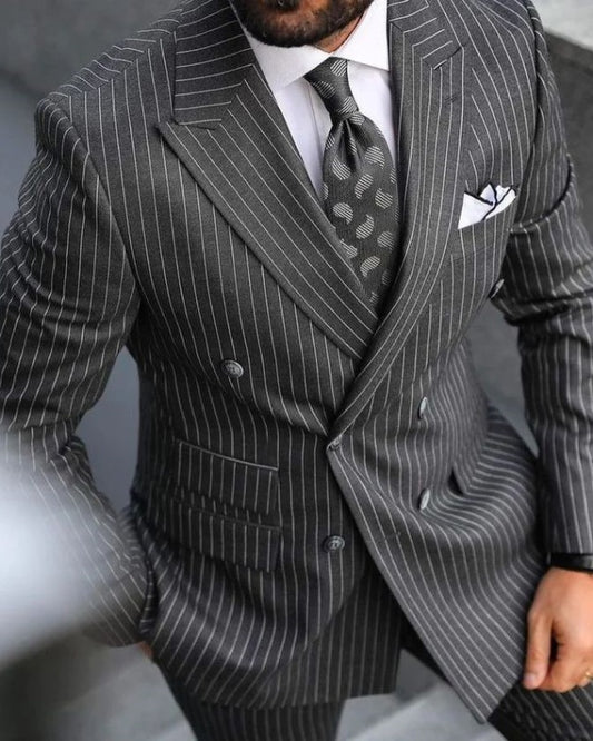 Calvin Dark Gray Striped Double Breasted Best Fitting Prom Men Suits