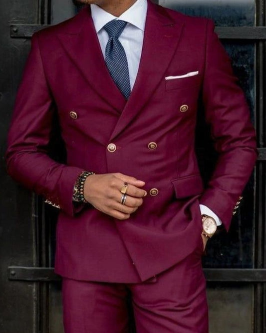 Bernie Burgundy Double Breasted Peaked Lapel Prom Men Suits