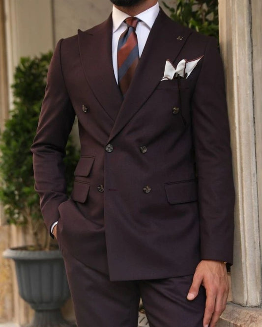 Trendy Chocolate Double Breasted Peaked Lapel Prom Men Suits