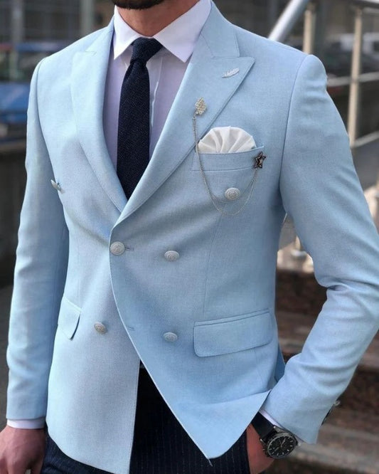 Newest Sky Blue Double Breasted Peaked Lapel Prom Men Suits