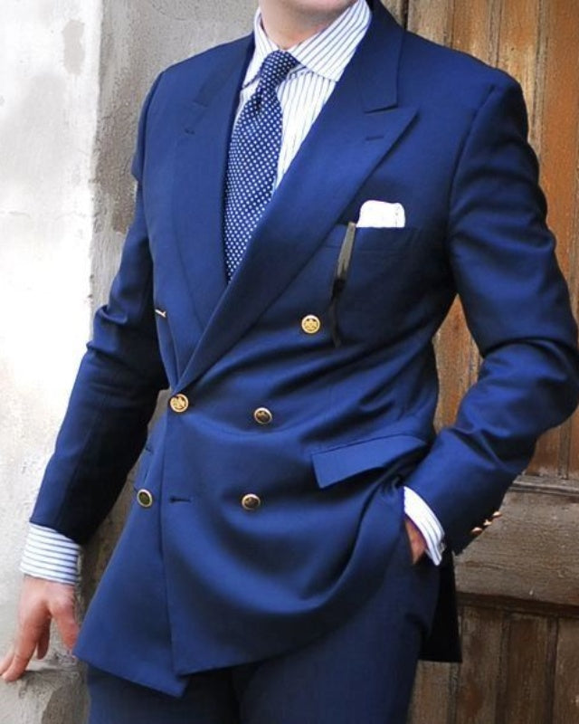 Cash Dark Blue Double Breasted Peaked Lapel Prom Men Suits