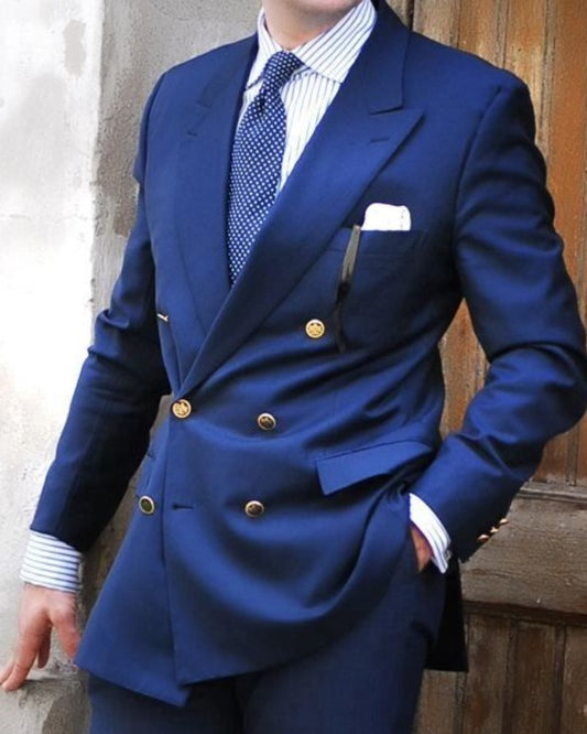 Cash Dark Blue Double Breasted Peaked Lapel Prom Men Suits