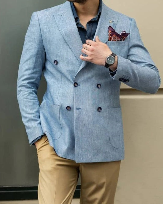Charles Sky Blue Double Breasted Peaked Lapel Prom Men Suits