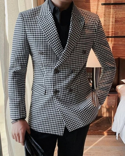 Fashion White Plaid Double Breasted Peaked Lapel Prom Men Suits