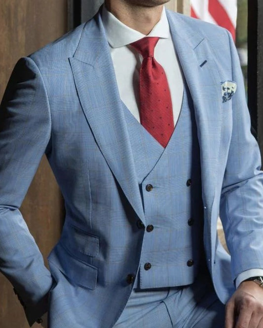 Corey Sky Blue Three Pieces Peaked Lapel Prom Men Suits