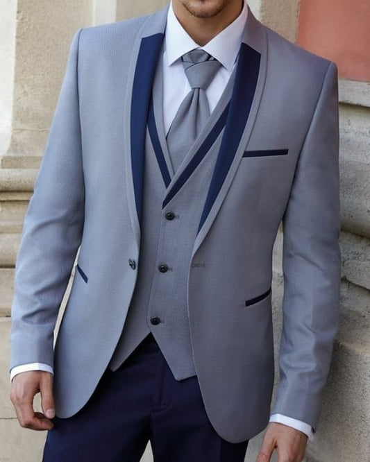 Fashion Light Blue Three Pieces Shawl Lapel Prom Men Suits
