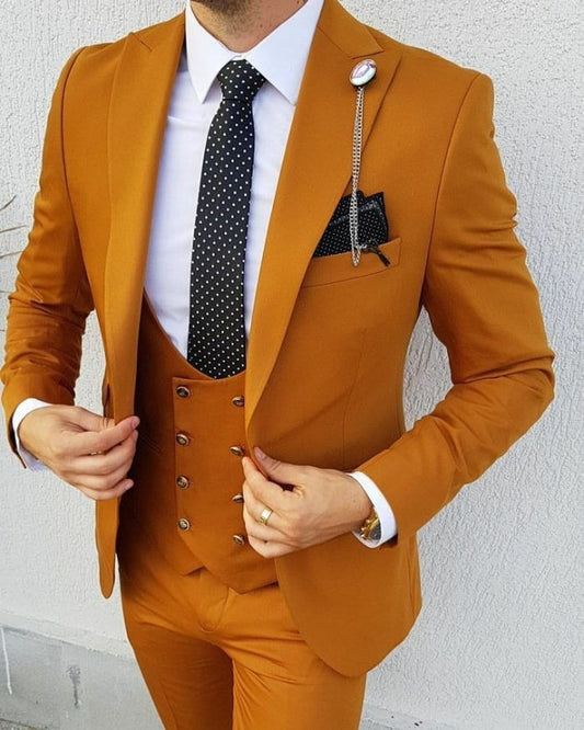 Drew Caramel Three Pieces Peaked Lapel Slim Fit Prom Men Suits