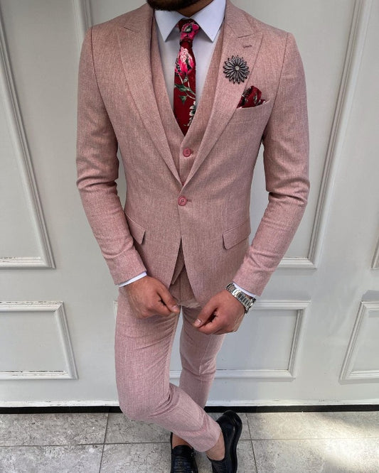 Fashion Dusty Pink Three Pieces Peaked Lapel Prom Men Suits