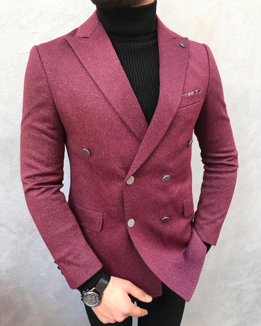 Elton Burgundy Double Breasted Peaked Lapel Prom Men Suits