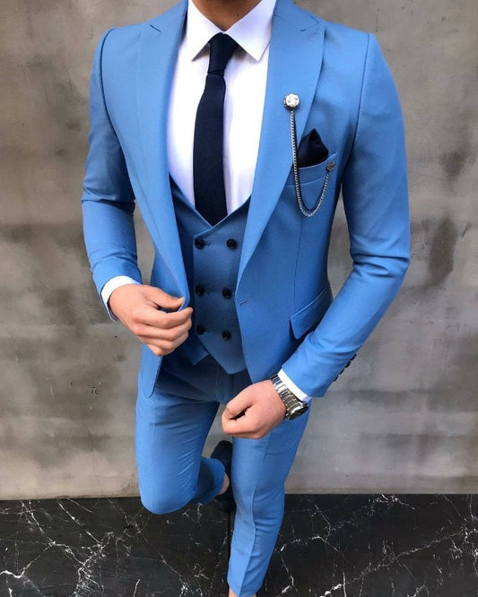 Cean Sky Blue Three Pieces Peaked Lapel Prom Men Suits