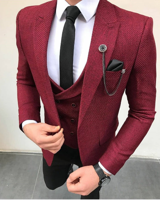 Elvis Burgundy Three Pieces Peaked Lapel Prom Men Suits