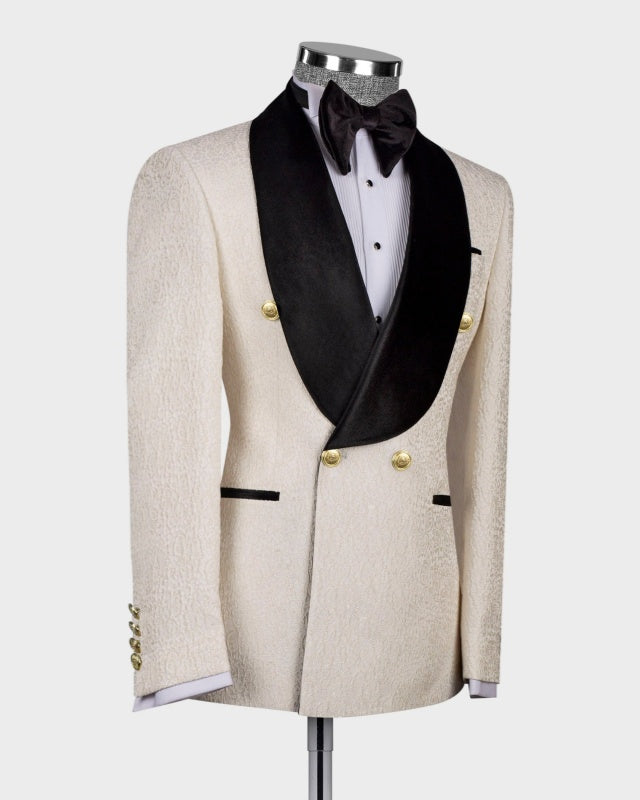 Ivory Jacquard Double Breasted Shawl Lapel Wedding Men Suits