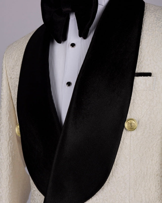 Ivory Jacquard Double Breasted Shawl Lapel Wedding Men Suits