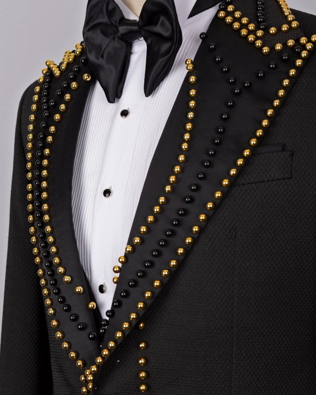 Stylish Dark Gray 3 Pieces Peaked Lapel Prom Suits With Gold Beading